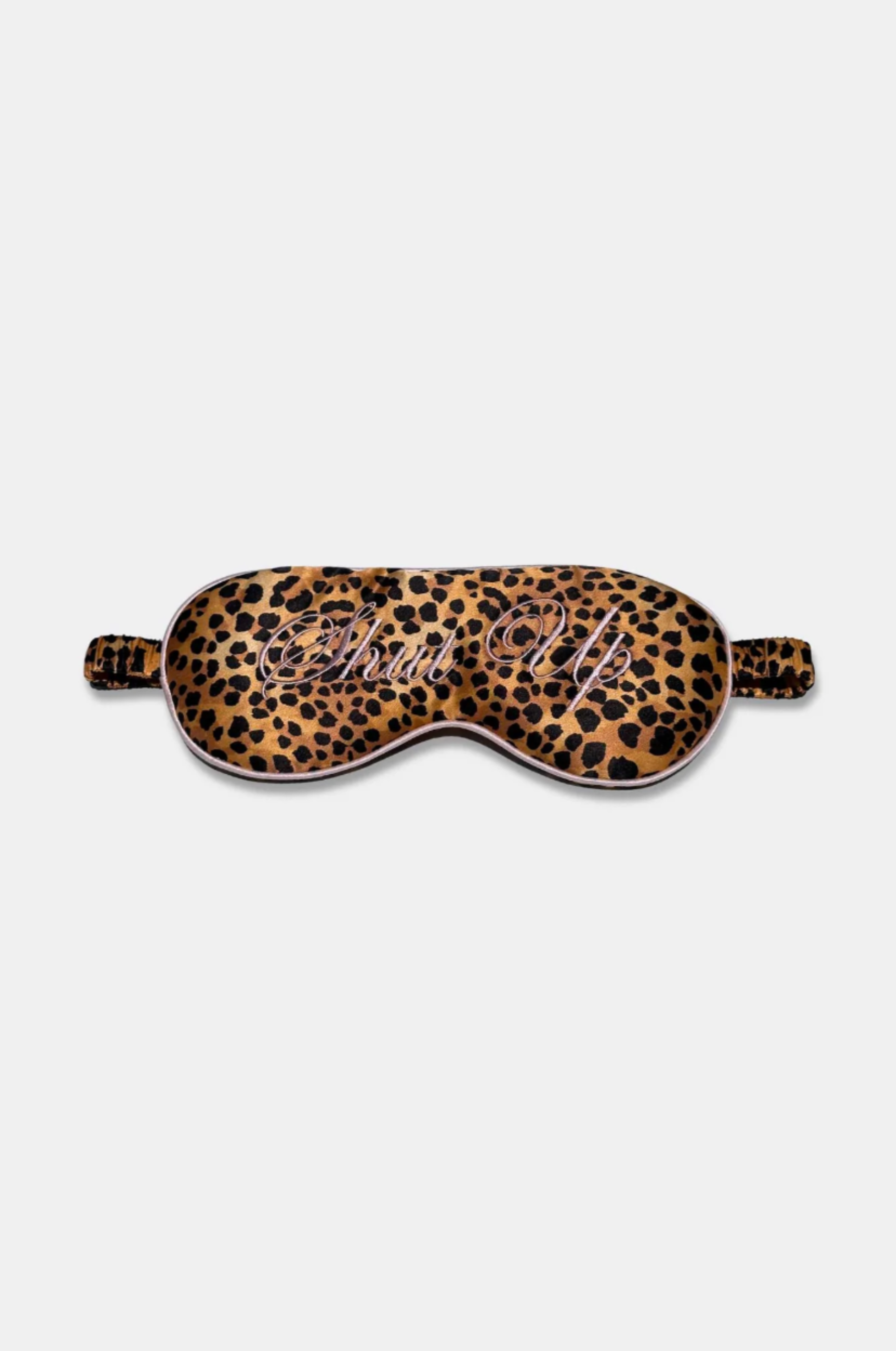 Leopard print sleep mask with 'Shut Up' text on a white background