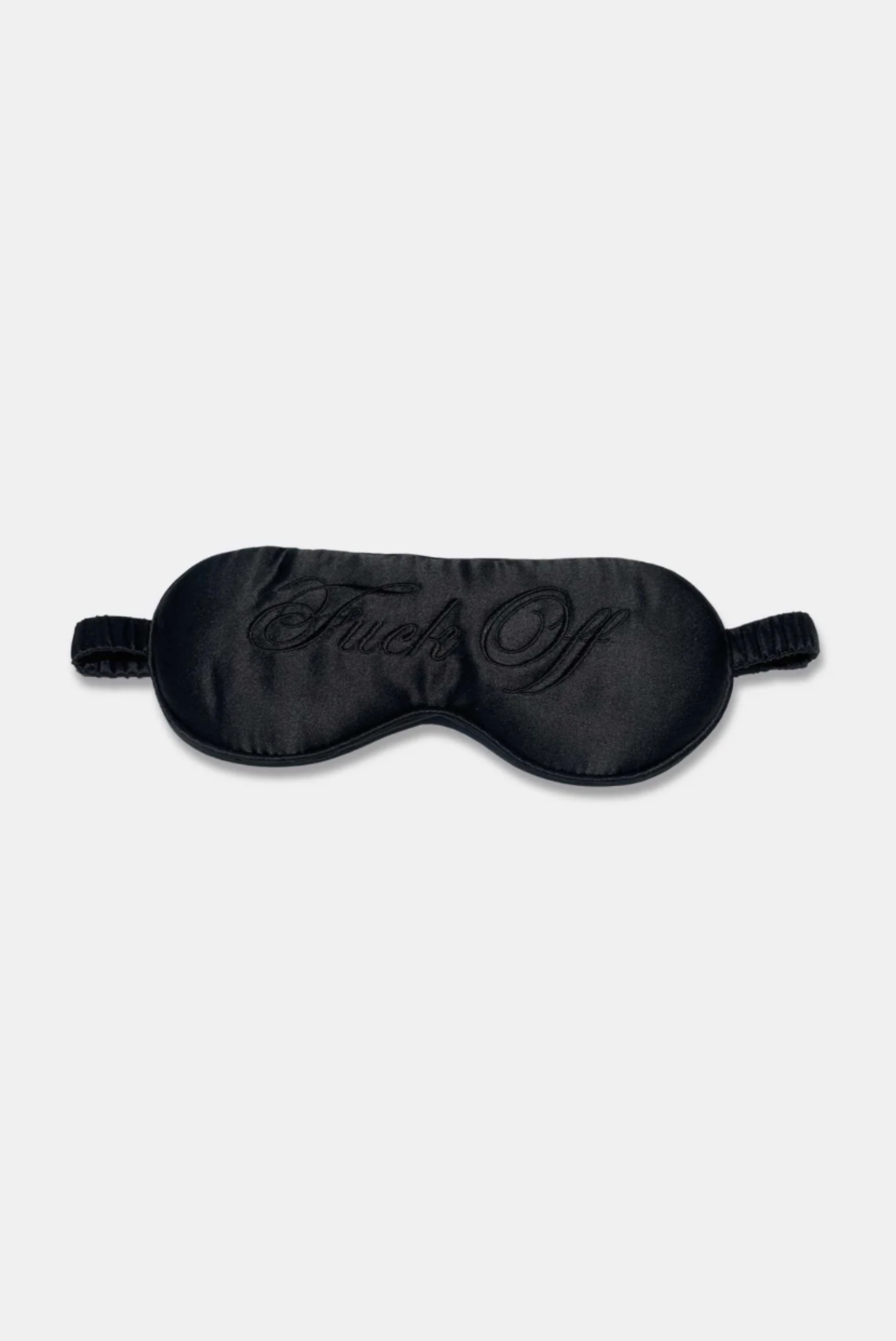 Black satin eye mask with text on a white background
