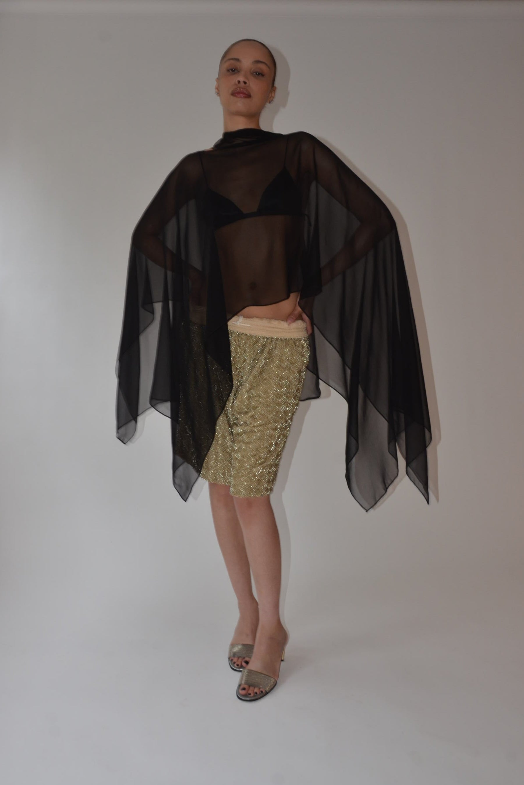 Person wearing a black sheer top and gold skirt on a white background