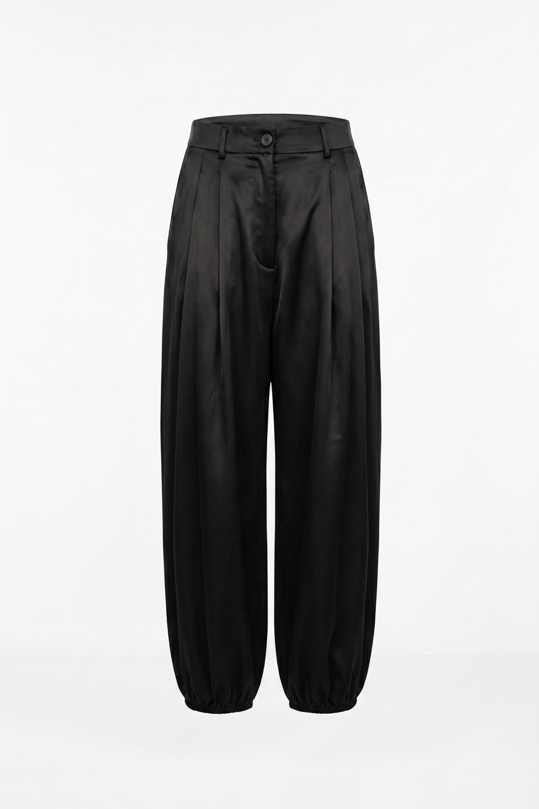 Black wide-leg trousers with a mid waist, front pleats, and elasticized cuffs at hem, shown against a plain white background.