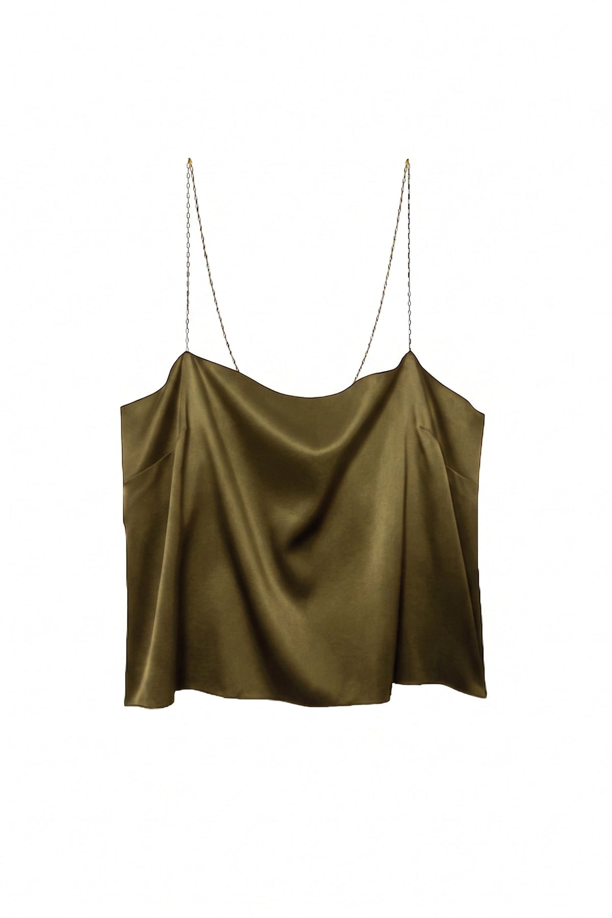 An olive green satin camisole top with thin chain straps, displayed against a solid white background.