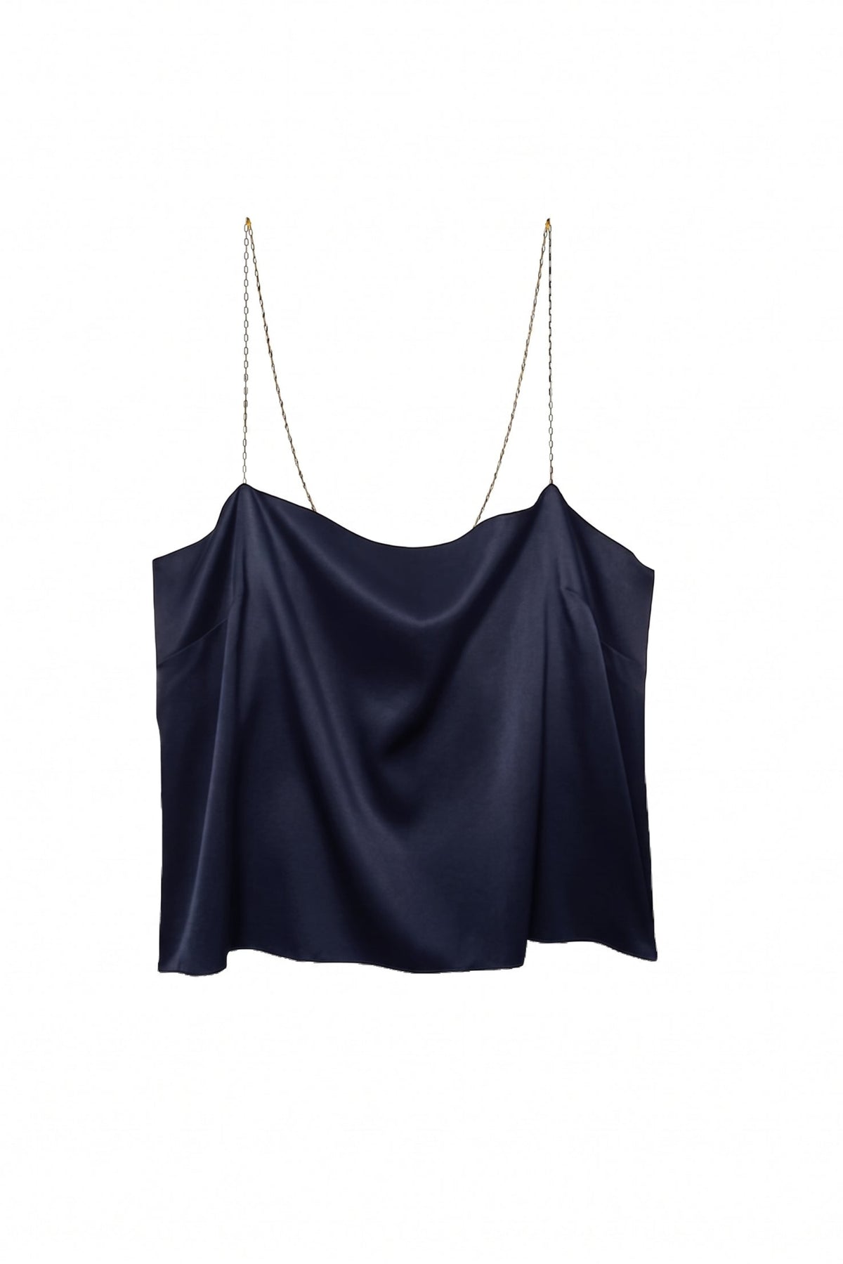 A navy blue satin camisole top with thin gold chain straps, displayed against a solid white background.