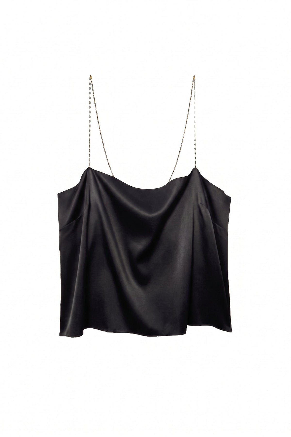 An olive green satin camisole top with thin chain straps, displayed against a solid white background.