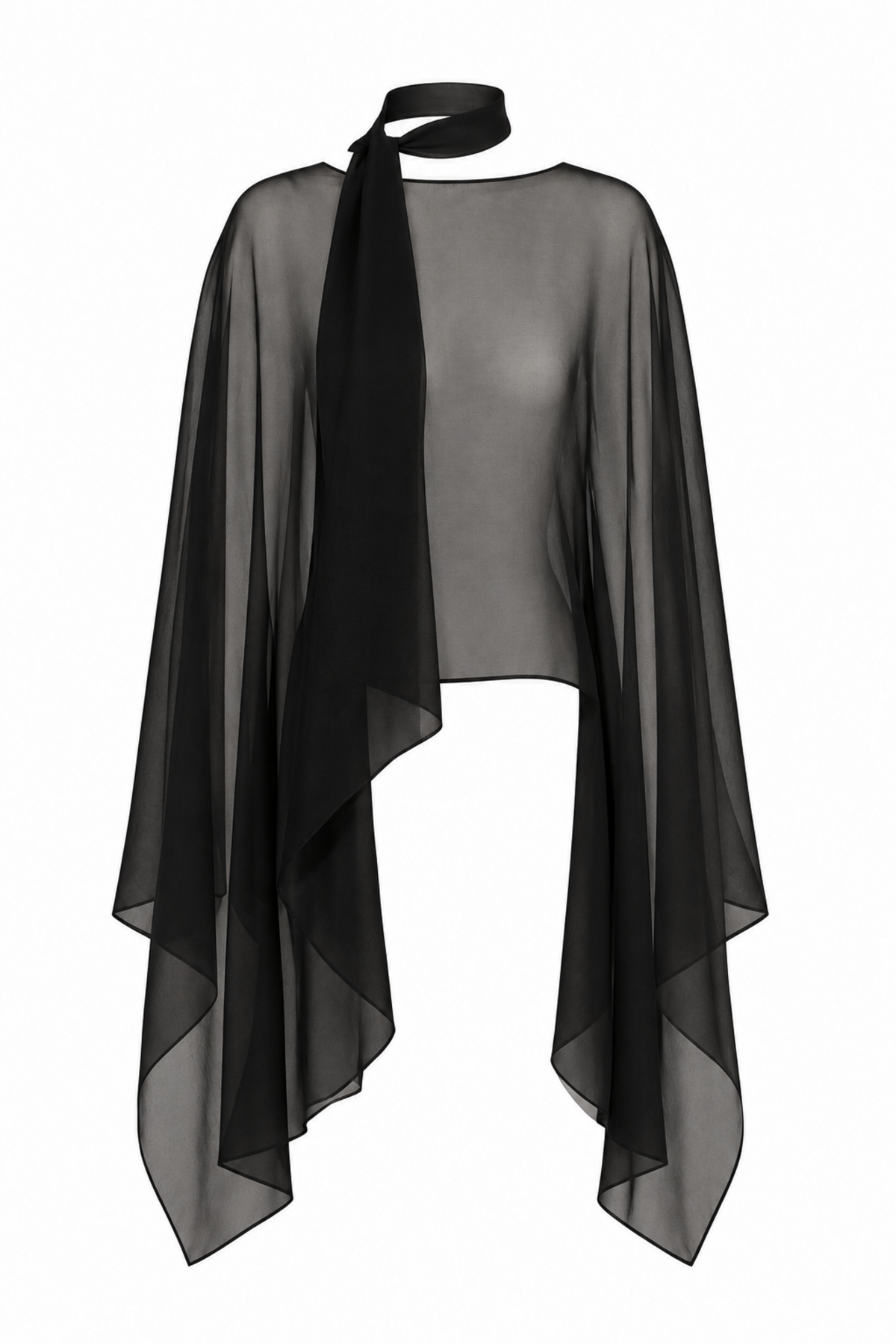 A sheer black chiffon cape-style top with a high neck and long flowing sleeves, shown on a white background.