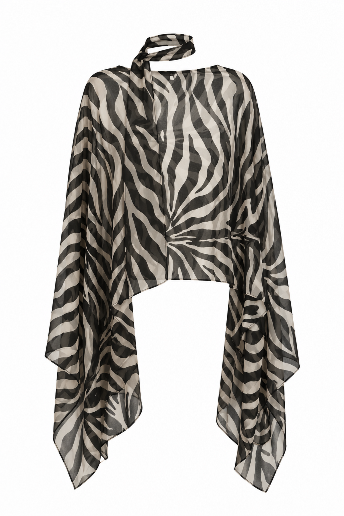 A lightweight, semi-sheer poncho-style top with a black and beige zebra stripe pattern, featuring a halter neckline and a wrap-style front closure.