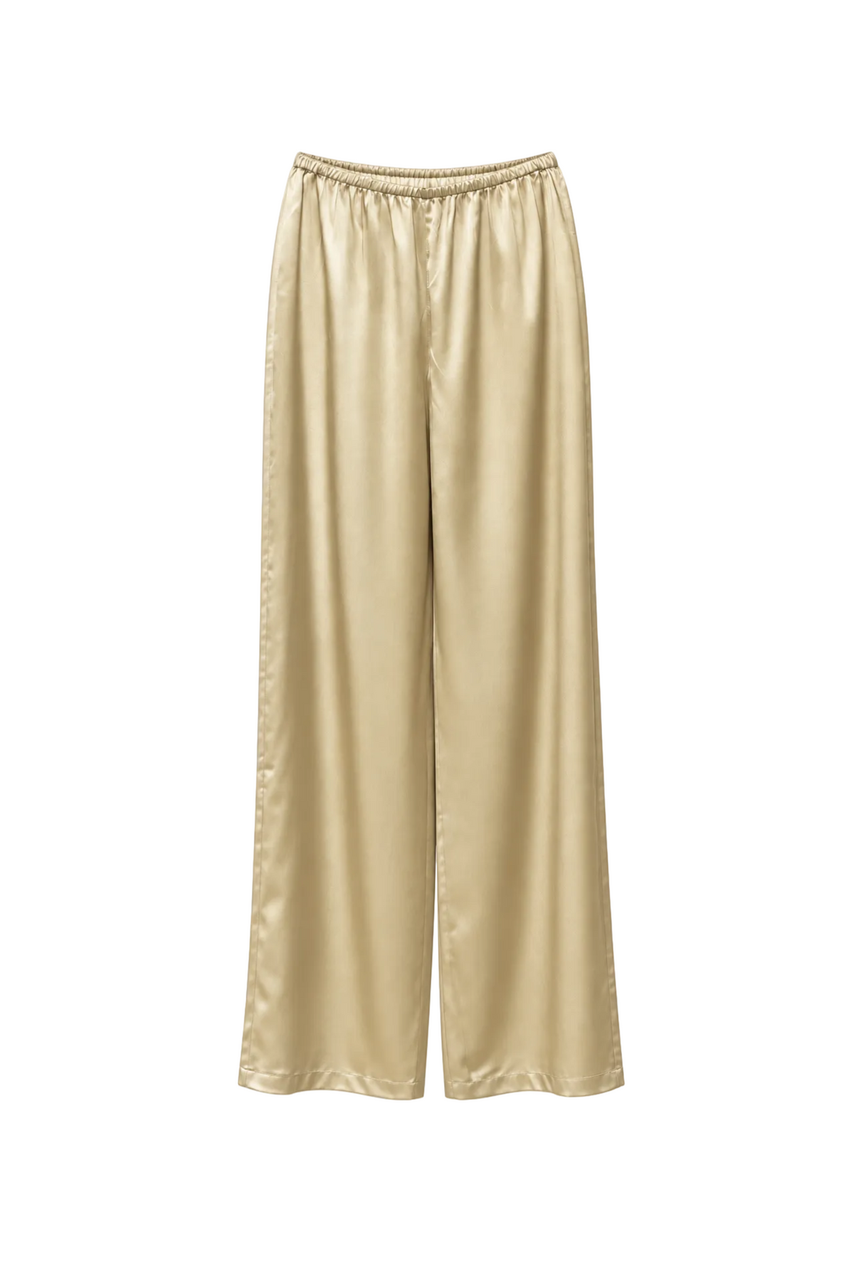 A pair of wide-leg pants in a shiny champagne-gold satin or silk-like fabric, featuring an elastic waistband, shown against a plain white background.