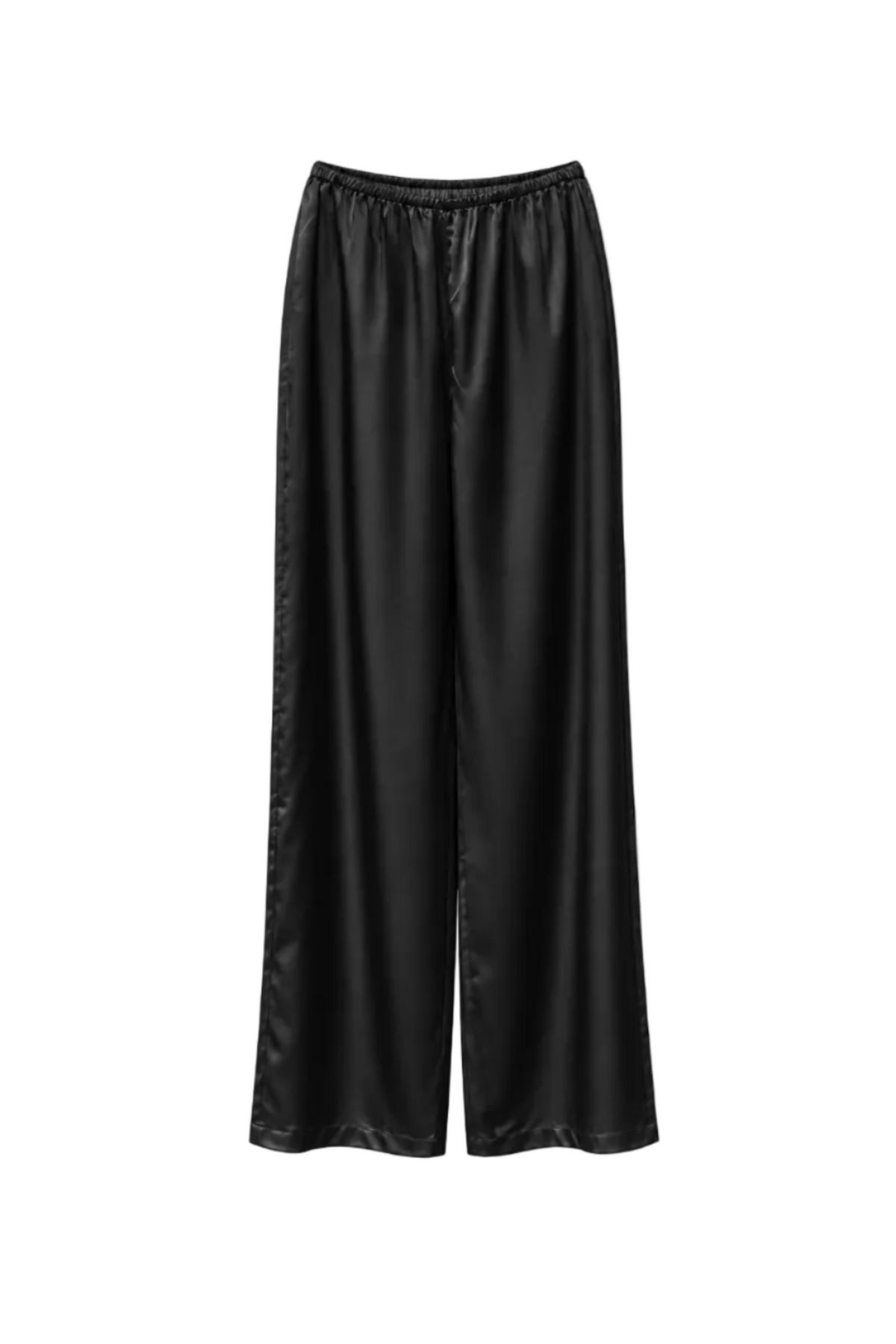 Black wide-leg pants with a satin-like sheen, featuring an elastic waistband, shown against a plain white background.