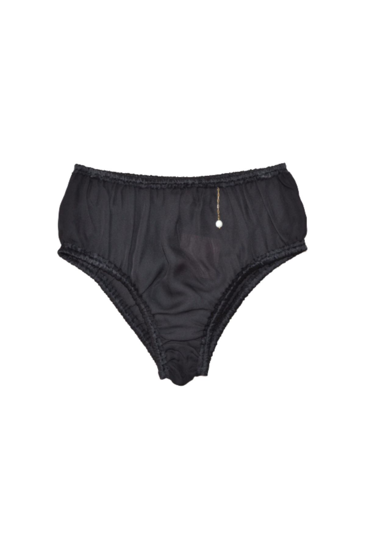 Black high-waisted sheer mesh panties with a ruffled waistband and leg openings, featuring a small gold-tone zipper pull detail on the front center.