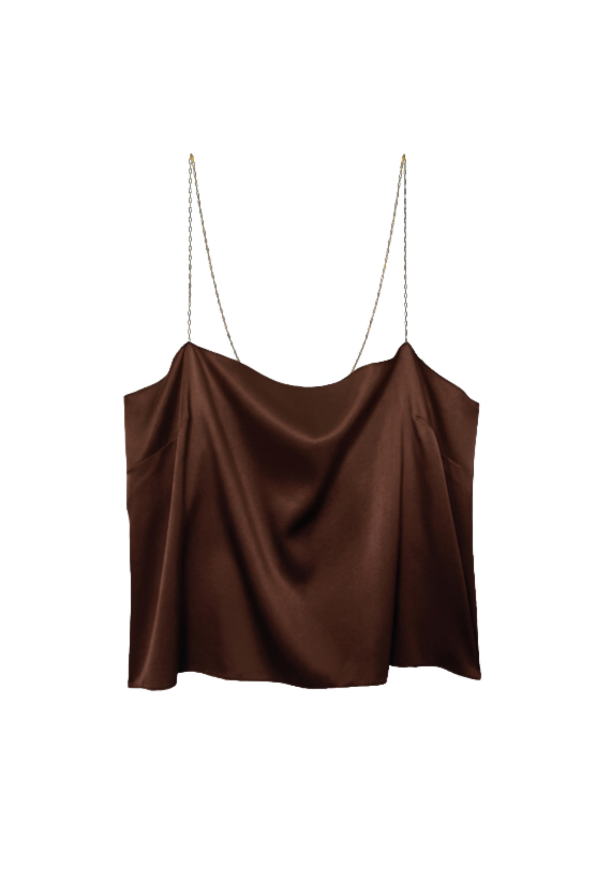 A brown satin camisole top with thin chain straps, shown against a plain white background.