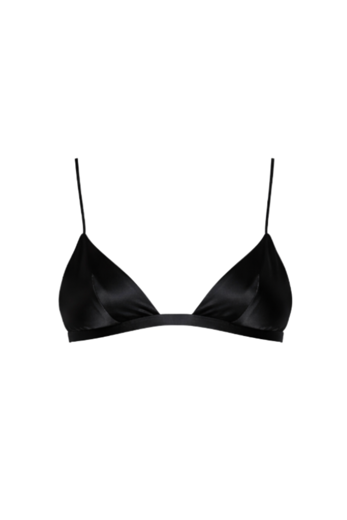 A black satin triangle bikini top with thin spaghetti straps, presented on a solid white background.