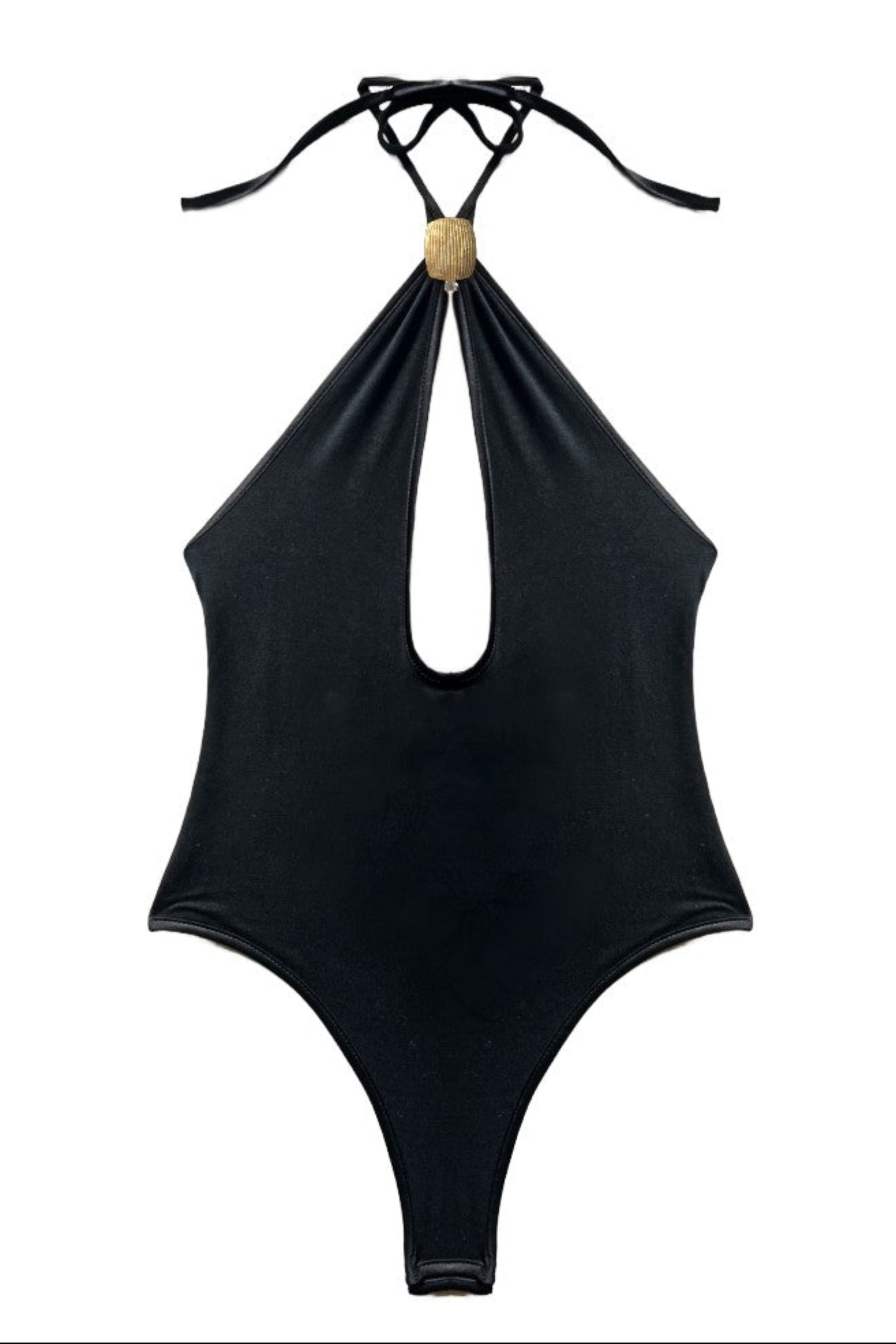 Black halter neck swimsuit on a white background