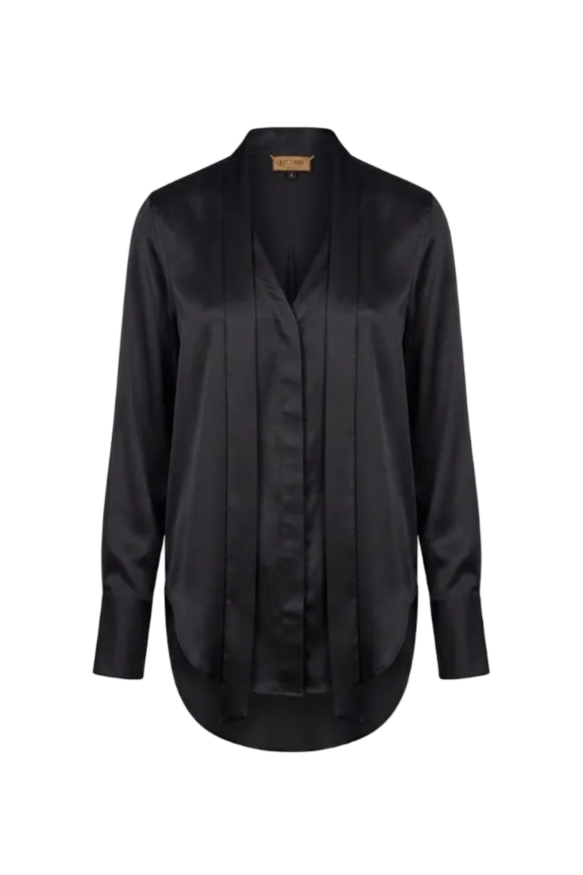 A black long-sleeve silk or satin shirt jacket with a draped front, displayed on a clean white background.